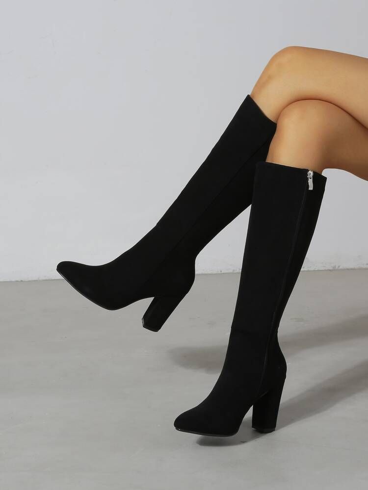 Vrouwen Faux Suede Side Zip Point Toe Chunky Heeled Black Knee High Classic Boots | SHEIN