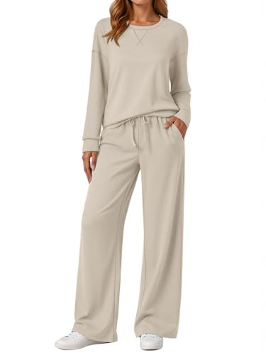 AUTOMET Airport Travel Outfits 2 Piece Lounge Sets for Women Sweat Sweatsuits 2026 Fall Matching Oversized Sweatshirt Wide Leg Pants Fashion Clothes Khaki L | Amazon (US)