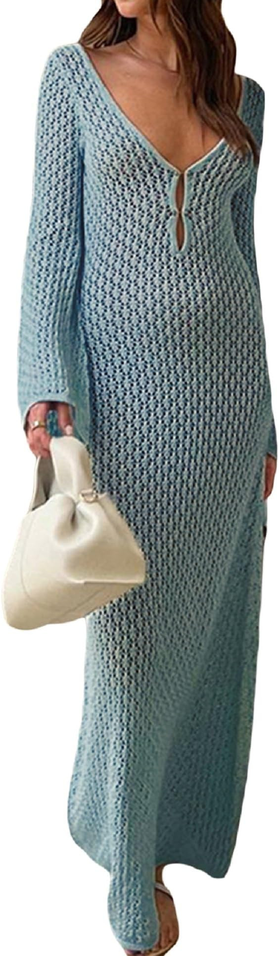 Women See Through Knit Long Dress Long Sleeve Crochet Maxi Bodycon Dress Backless Beach Bikini Co... | Amazon (US)