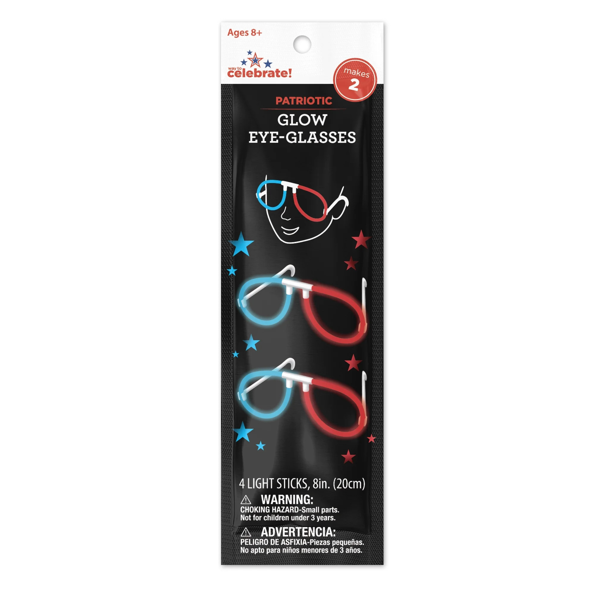 Patriotic Red, White, and Blue Glow Eye Glasses, 2 Count, by Way To Celebrate | Walmart (US)