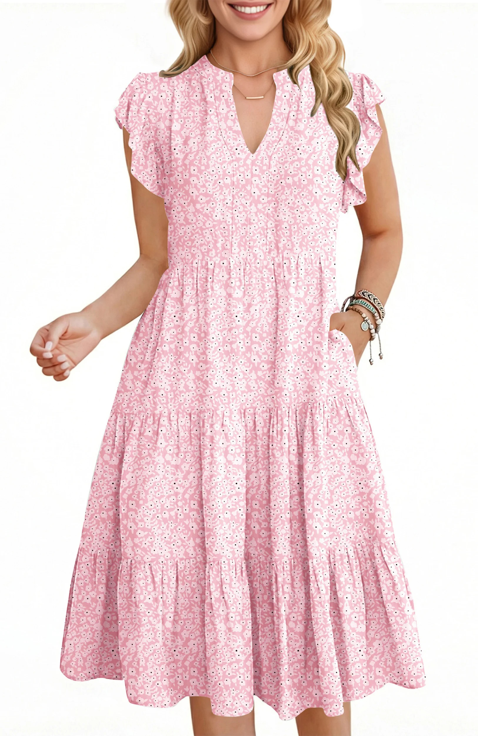 UVN Summer Dresses for Women Ruffle Sleeve V Neck Midi Dress Casual Beach Sundress with Pockets | Walmart (US)