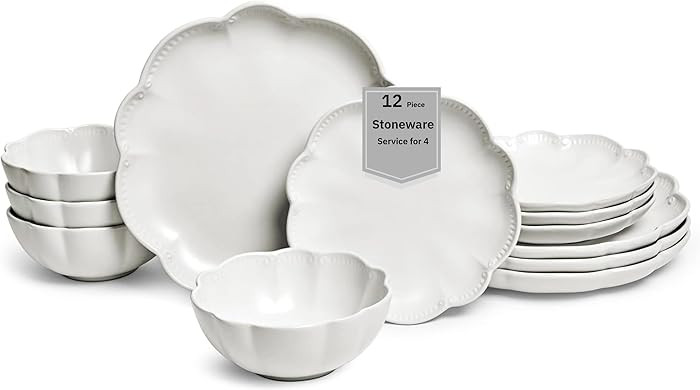 Sango 12 Pieces Scalloped Dinnerware Set, Modern White Dishes for 4, Premium Serving Plates & Bow... | Amazon (US)