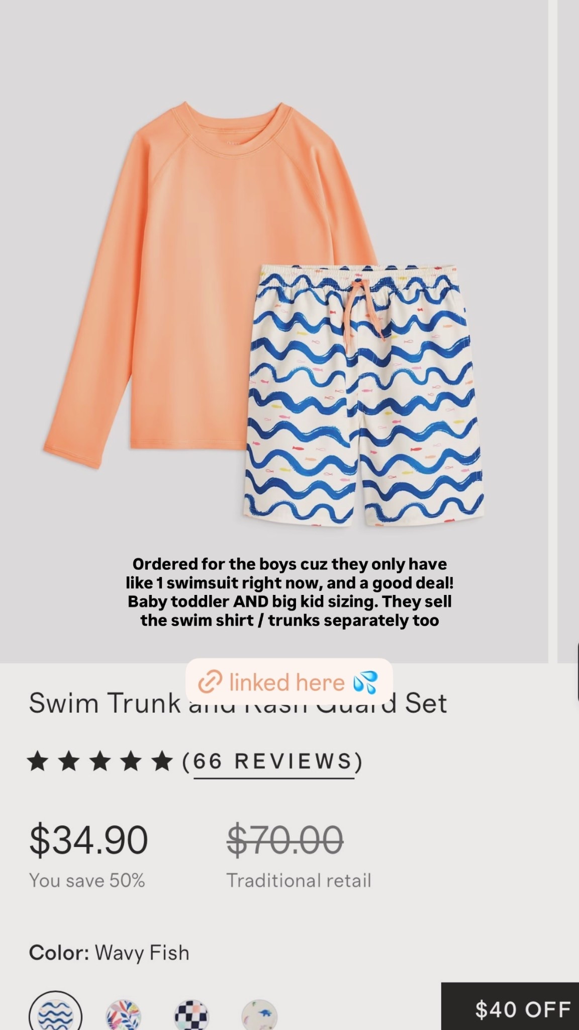 Ordered for the boys cuz they only have like 1 swimsuit right now, and a good deal! Baby toddler AND big kid sizing. They sell the swim shirt / trunks separately too