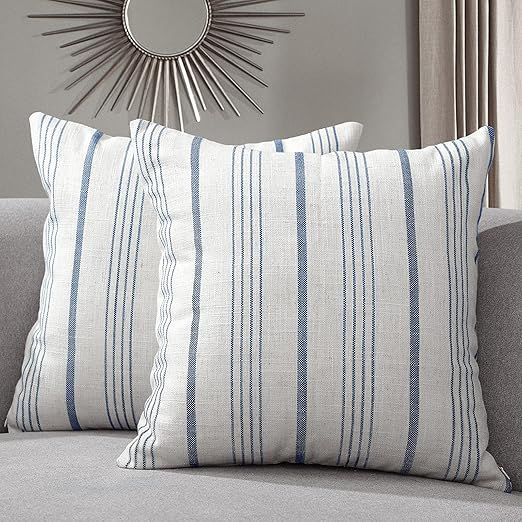 Sunlit Decorative Farmhouse Throw Pillow Case, Set of 2 Cream/Off-White with Blue Stripes Modern ... | Amazon (US)