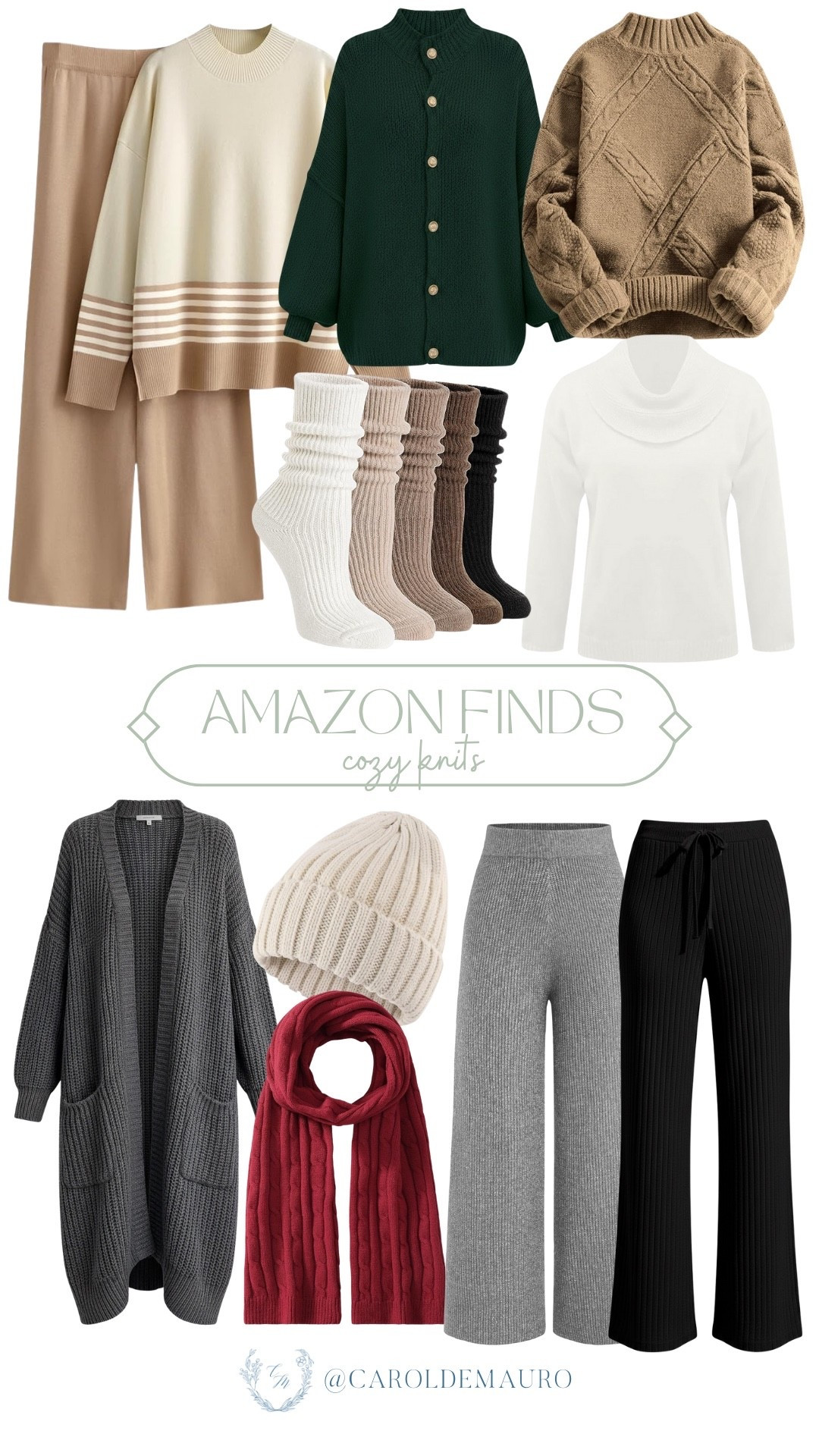 Add these affordable and cute cozy knits from Amazon to your wardrobe this winter season! You're not gonna regret replacing your old sweater, matching set, socks, beanie, scarf, and ribbed knit leg pants for a new one.

winter fashion, layering pieces, cold weather accessories, comfy outfit, easy to wear, loungewear, everyday style

#LTKU #LTKSeasonal
