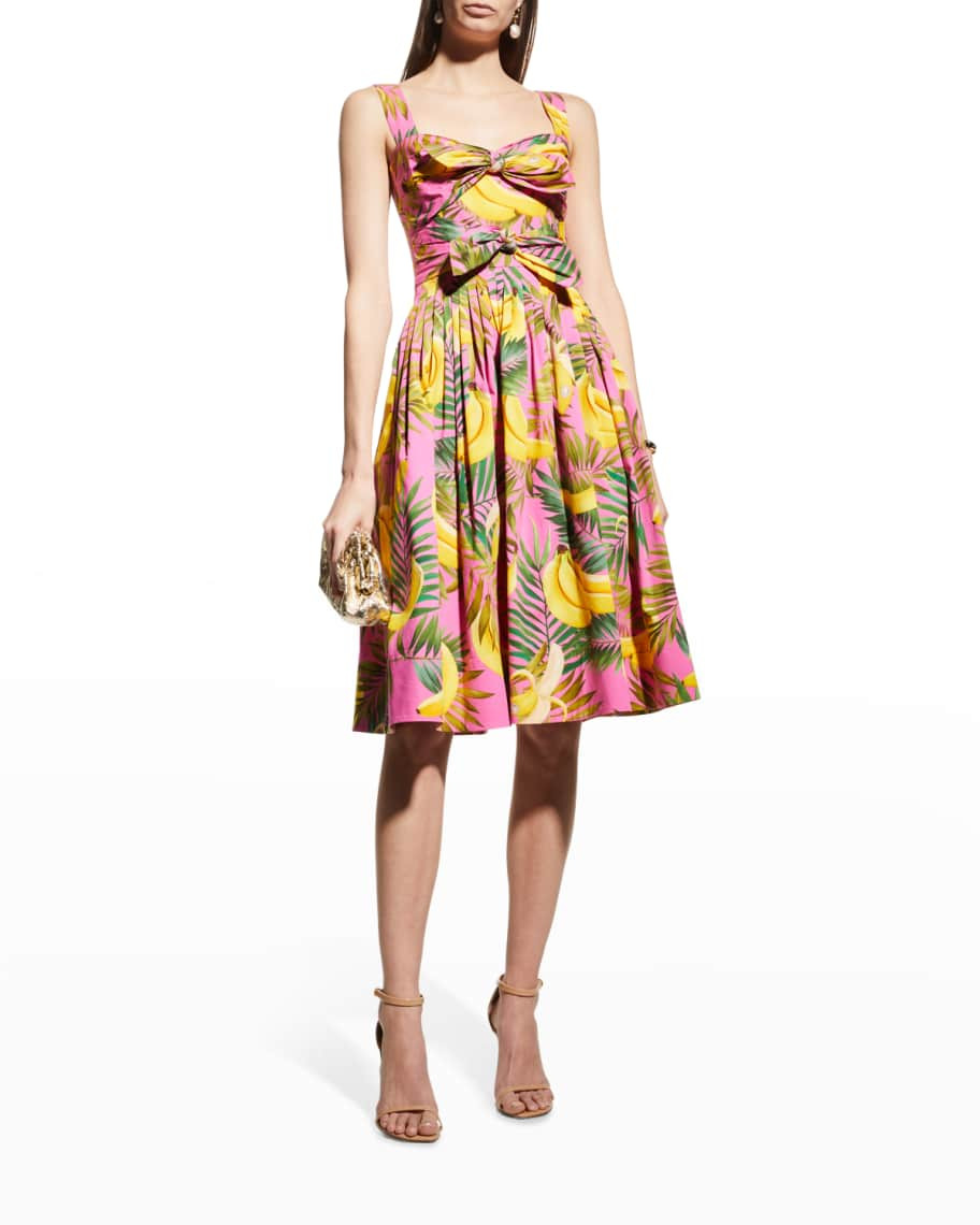 Oscar de la Renta Banana-Print Bow Front Poplin Midi Dress | Neiman Marcus