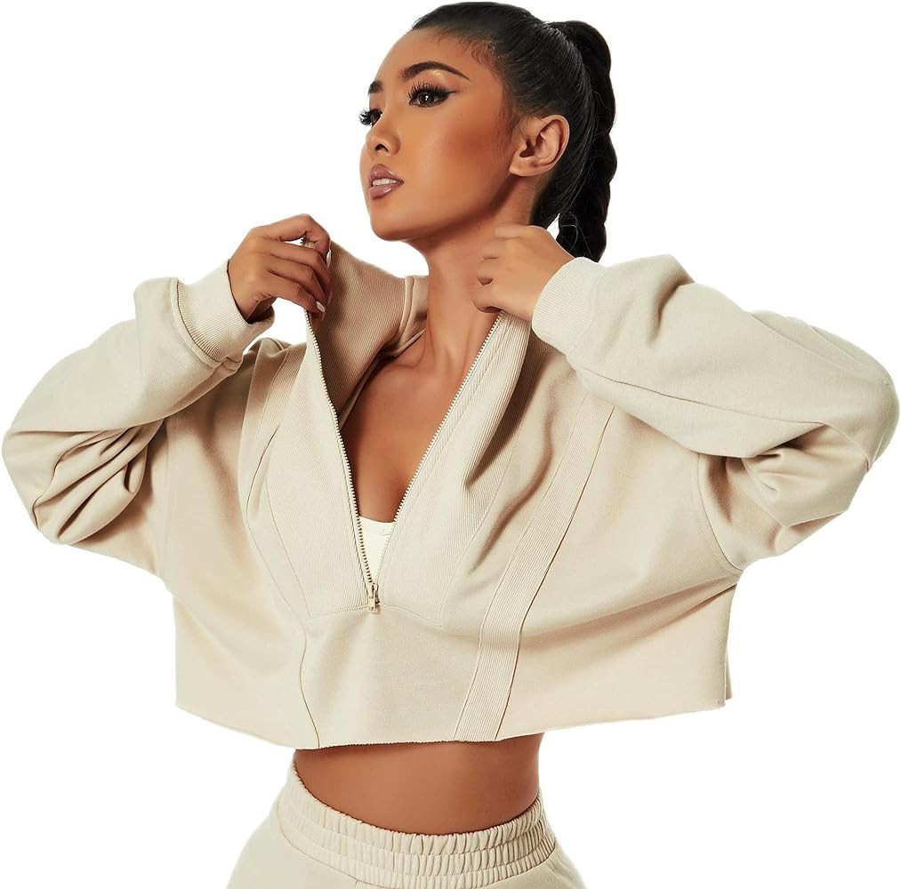 HerGymClothing Womens Cropped Sweatshirt Long Sleeve Half Zip Loose Workout Crop Athletic Jacket | Amazon (US)