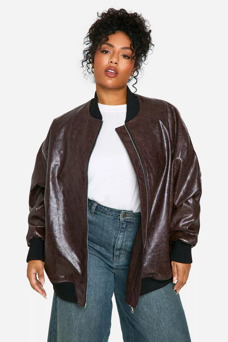 Plus Cracked Faux Leather Oversized Bomber Jacket | boohoo (US & Canada)