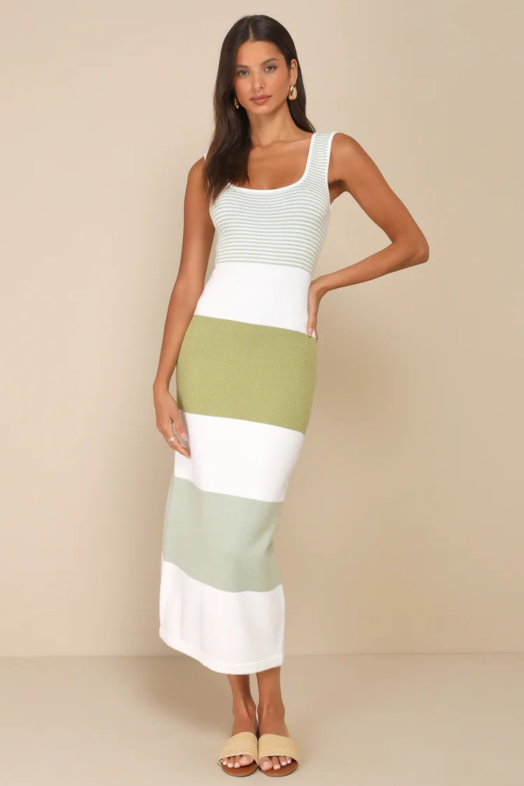 Easily Gorgeous Ivory and Sage Green Striped Midi Sweater Dress | Lulus