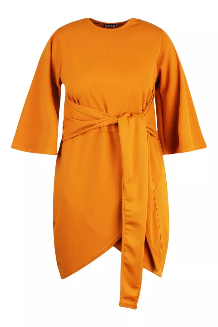 Plus Kimono Sleeve Tie Waist Wrap Dress | Boohoo.com (US & CA)