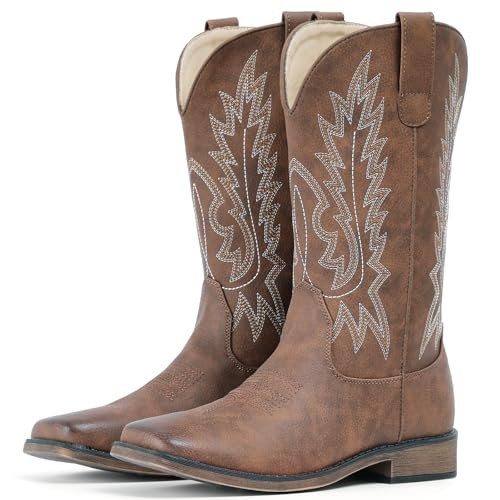 IUV Cowboy Boots For Women Square Toe Wide Western Boots Mid Calf Cowgirl Boots Pull On Embroidered Brown Cowboy Boots | Amazon (US)