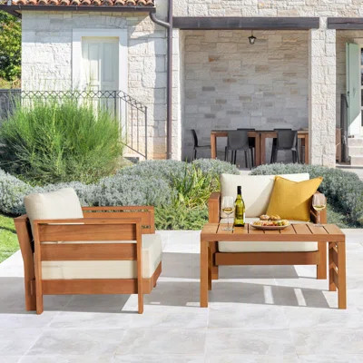 Barton 36"W Solid Wood 2 Pc Patio Arm Chair 1 Pc Coffee Table Weather Stain Fade Resistant Cushions | Wayfair North America