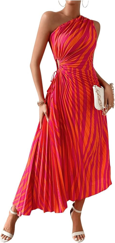 MakeMeChic Women's Casual Striped Cut Out One Shoulder Sleeveless High Waist Summer A Line Maxi D... | Amazon (US)