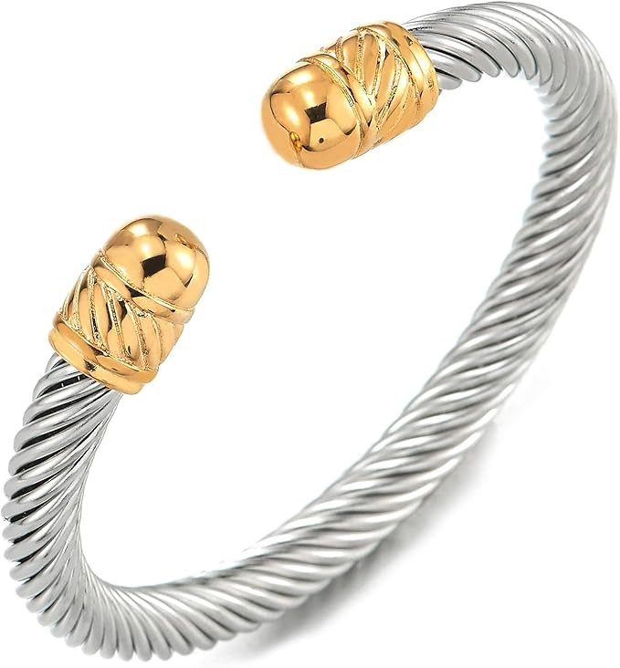 COOLSTEELANDBEYOND Elastic Adjustable Stainless Steel Gold Color Twisted Cable Cuff Bangle Bracel... | Amazon (US)