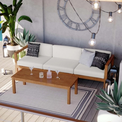 Modway Upland Outdoor Sofa and Coffee Table Set, Natural/White | Ashley