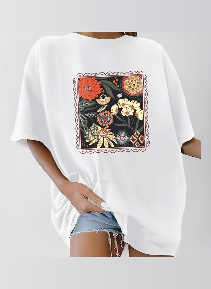 Xnova Womens Tops Oversized T-Shirts for Women Round Neck Ladies Short Sleeve Cotton Tops Summer ... | Amazon (UK)