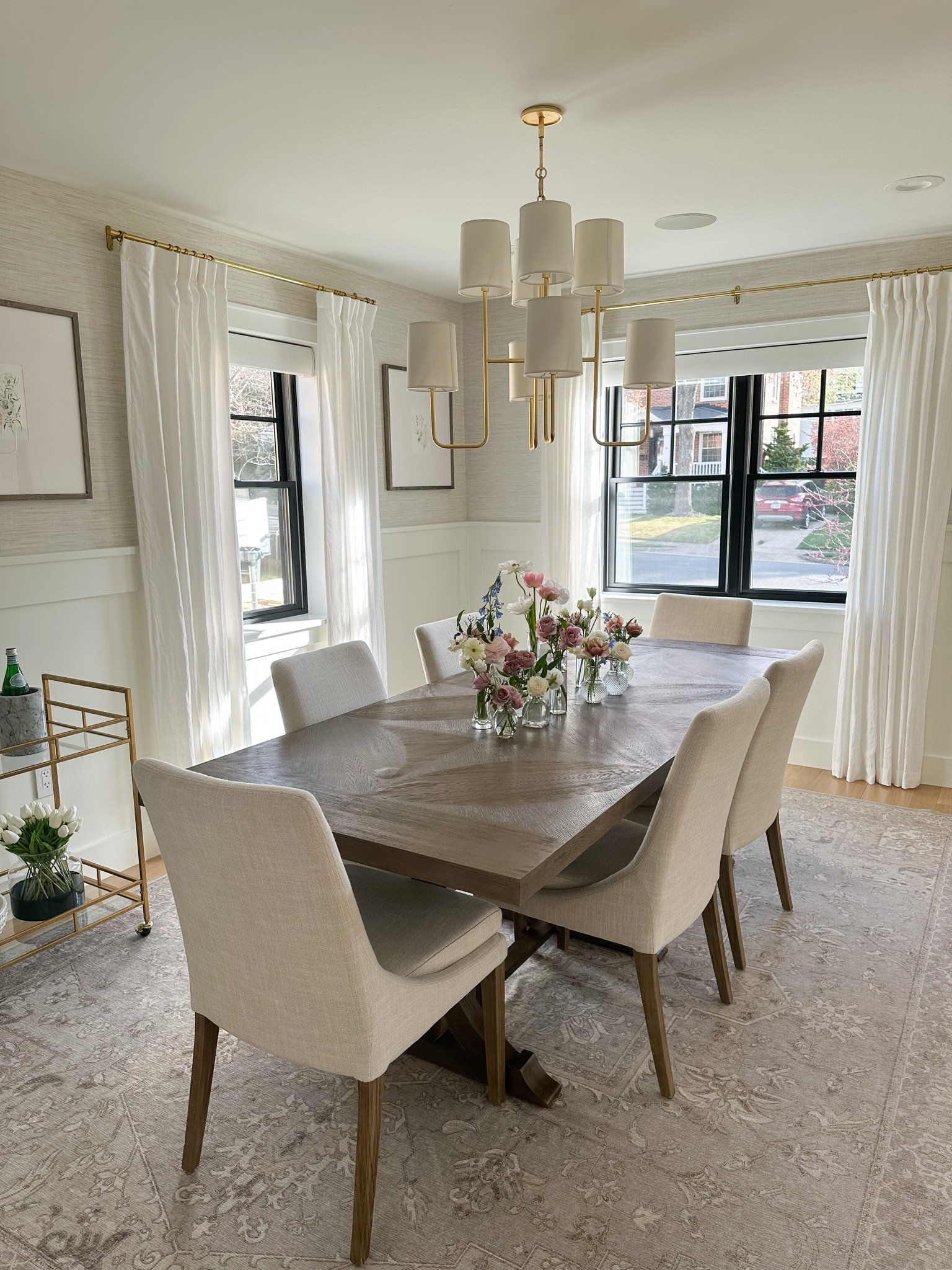 Dining furniture, dining room, bud vases, tablescape, chandelier, transitional design, white linen curtains, gallery frames, area rug, washable rug

#LTKhome #LTKstyletip #LTKFind