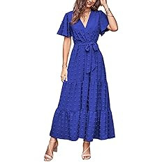 MASCOMODA Womens Summer Swiss Dot Maxi Dresses Wrap V Neck Flutter Short Sleeve Boho Casual Flowy... | Amazon (US)