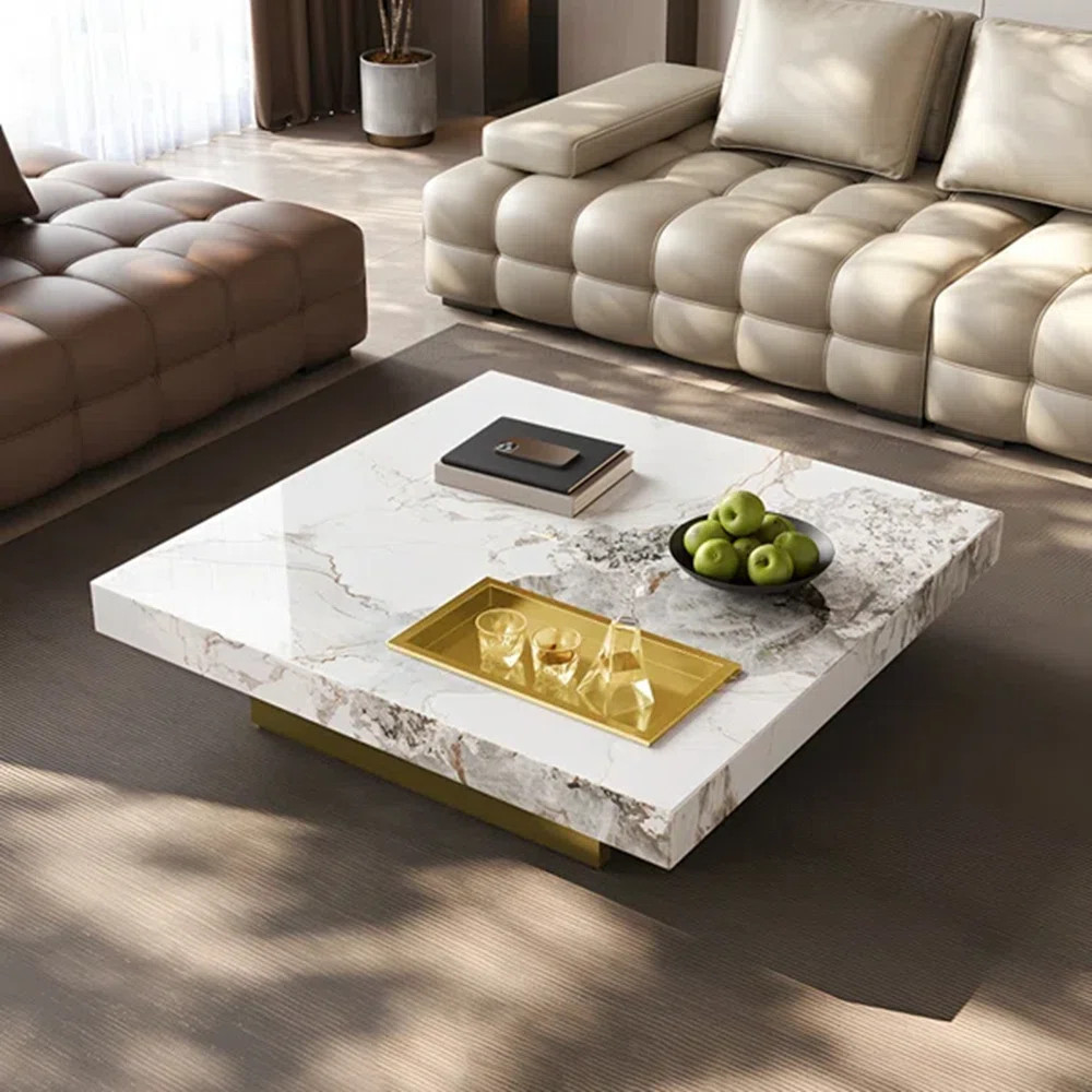 Oversized Modern Marble Coffee Table, 47.2'' Square with Fixed Tray & Glossy Base – Luxury Cent... | Wayfair North America