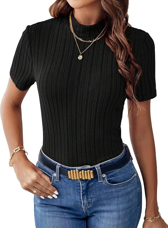 SweatyRocks Women's Mock Neck Short Sleeve Tee Tops Casual Ribbed Knit Slim Fit T Shirts | Amazon (US)