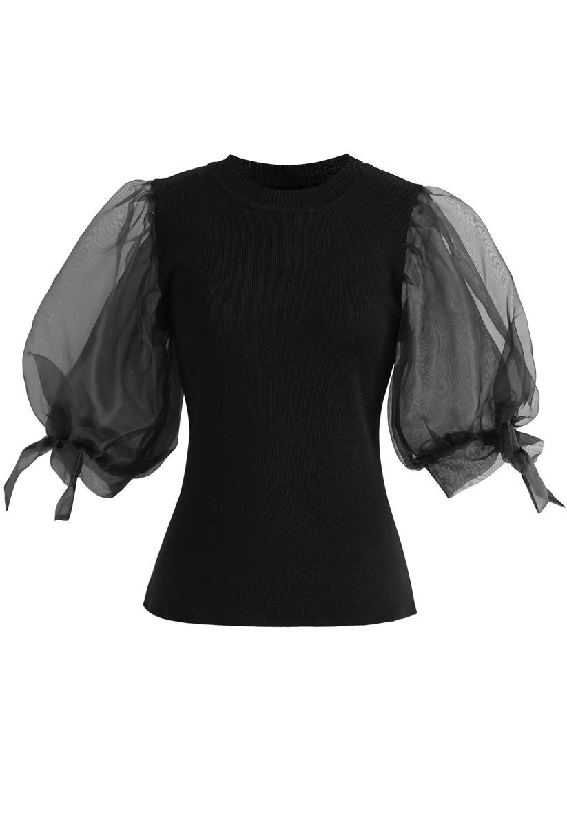 Organza Bubble Sleeves Knit Top in Black | Chicwish
