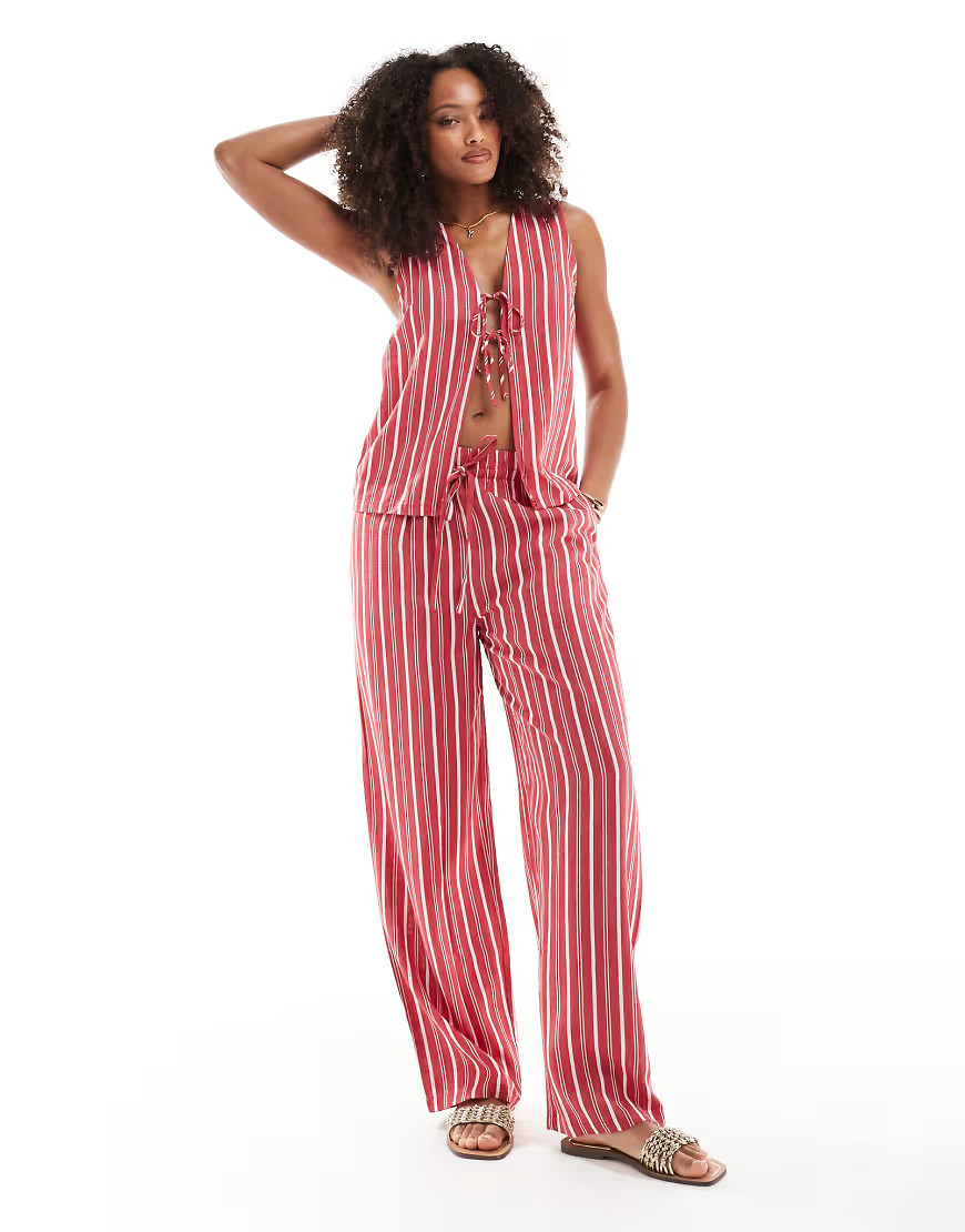 ASOS DESIGN linen look pull on trouser co-ord in red stripe-Multi | ASOS (Global)