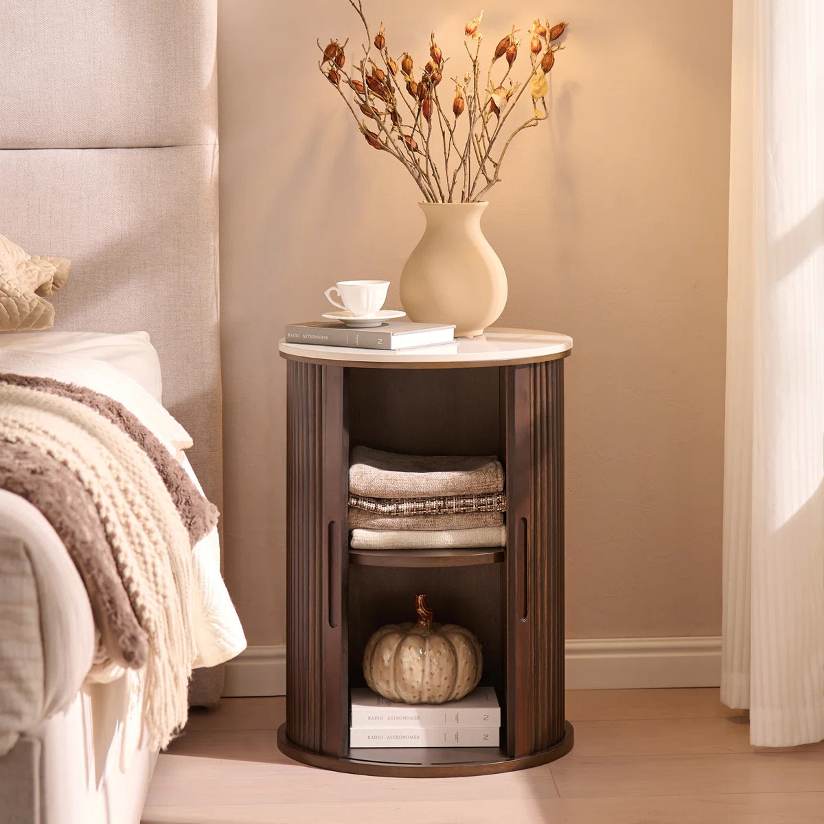 Faux Marble Top End Table With Wood Sliding Fluted Door and Storage | Wayfair North America