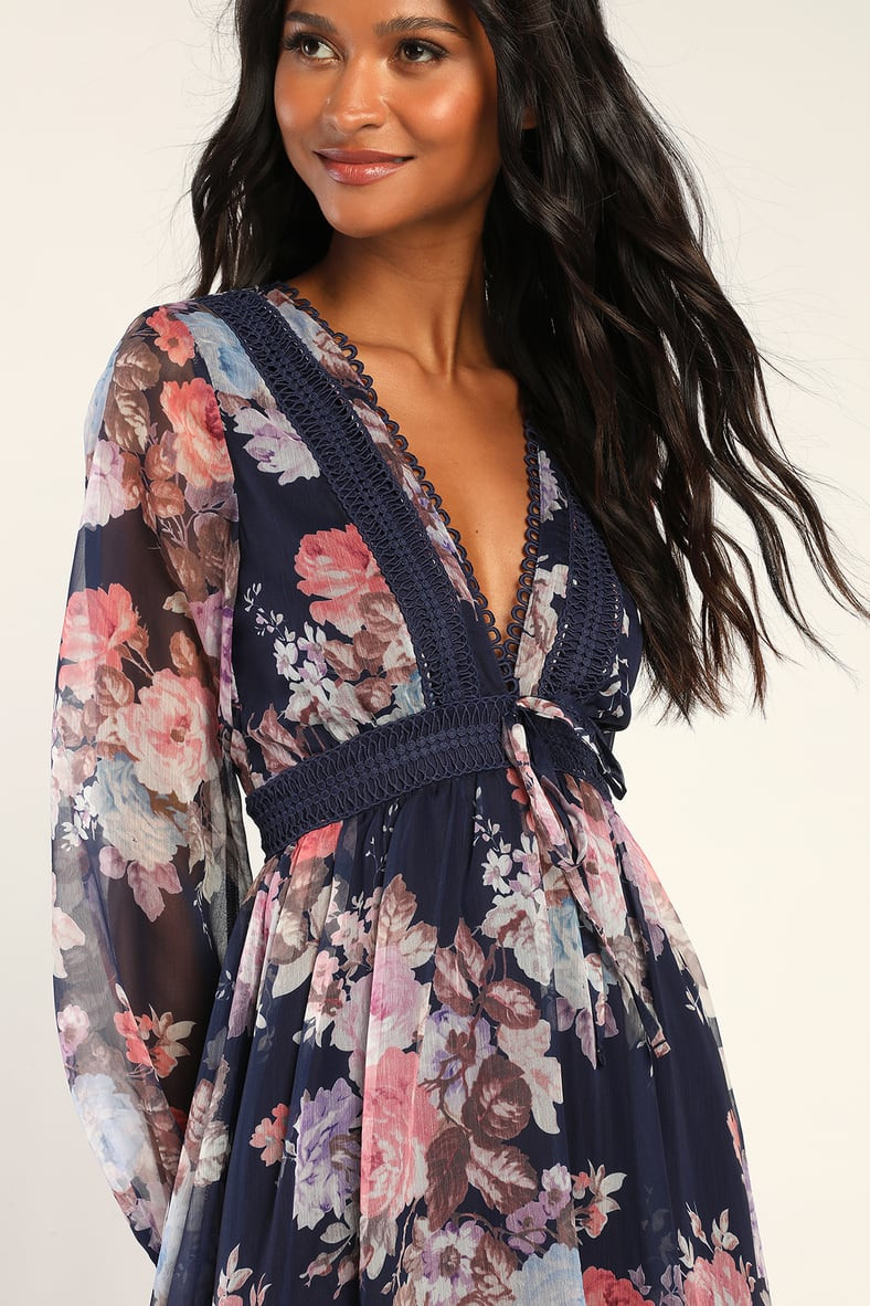 Sweetness Season Dark Blue Floral Print Long Sleeve Mini Dress | Lulus (US)