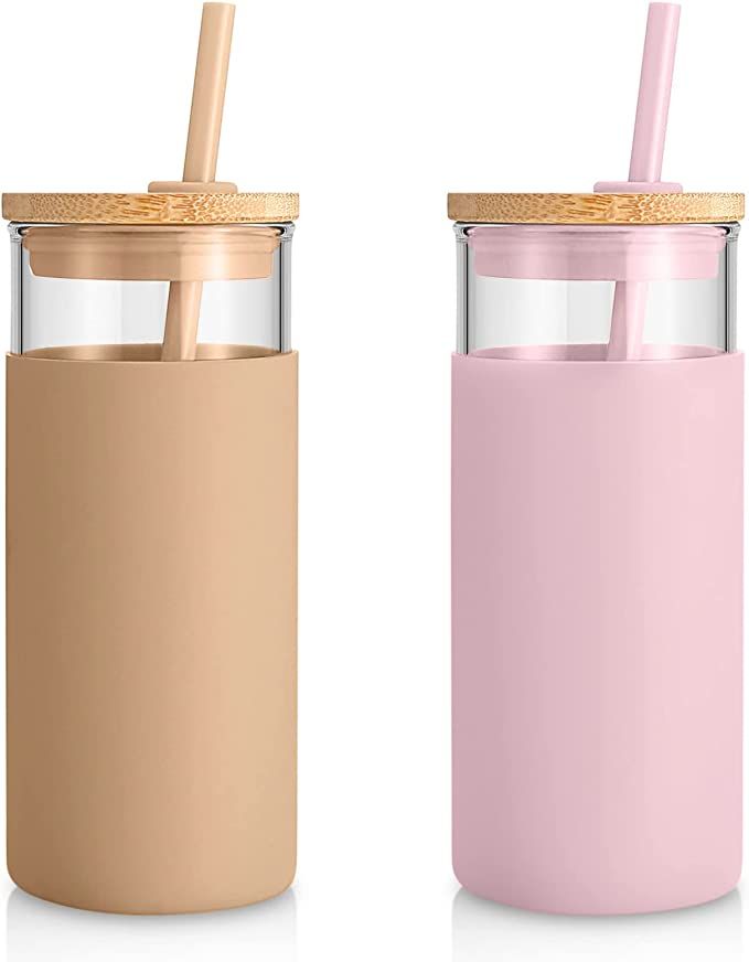 tronco 20oz Glass Tumbler Straw Silicone Protective Sleeve Bamboo Lid - BPA Free (Pink Amber) | Amazon (US)