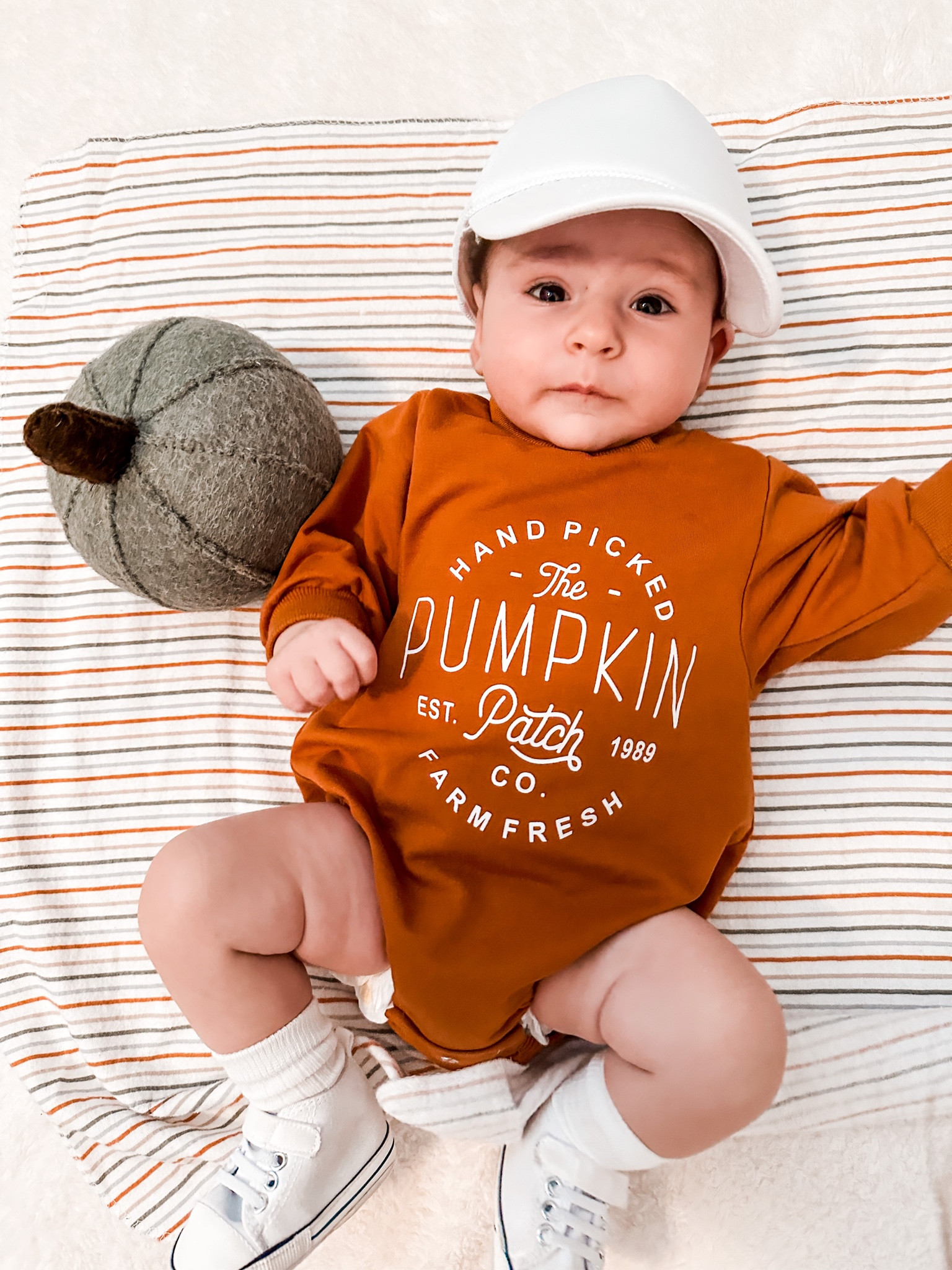 Baby sweatshirt romper 
Pumpkin patch sweatshirt for baby
Pumpkin patch outfit for baby
White trucker hat for baby boy
Baby hat
White converse dupes for baby
Baby boy shoes
Baby shoes


#LTKSeasonal #LTKbaby #LTKstyletip