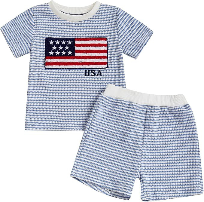 Karuedoo 4th of July Toddler Baby Boy Outfit USA Flag Embroidery Stripe Waffle Knit Short Sleeve ... | Amazon (US)