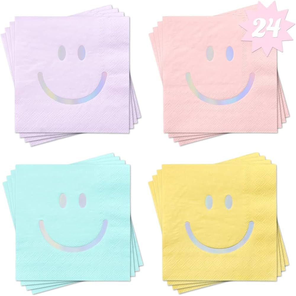 xo, Fetti Smile Party Napkins, 3-ply, 24 pcs - Happy Pastel Birthday Party Decorations, Cute Bach... | Amazon (US)