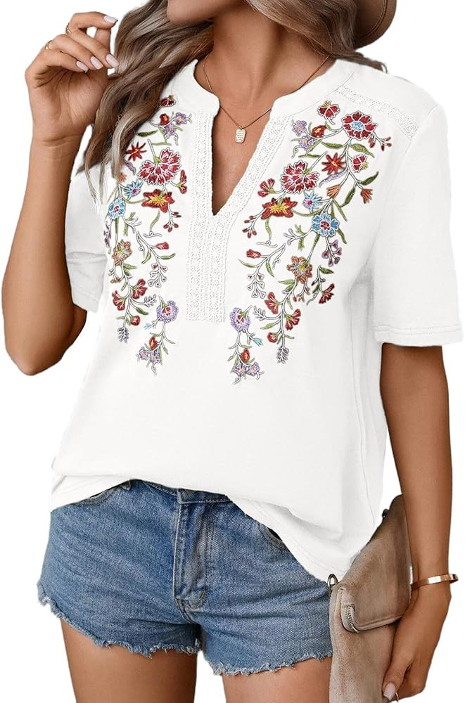 Mexican Shirts for Women Embroidered Tops Traditional Summer Blouse Floral Tunic V Neck Short Sle... | Amazon (US)