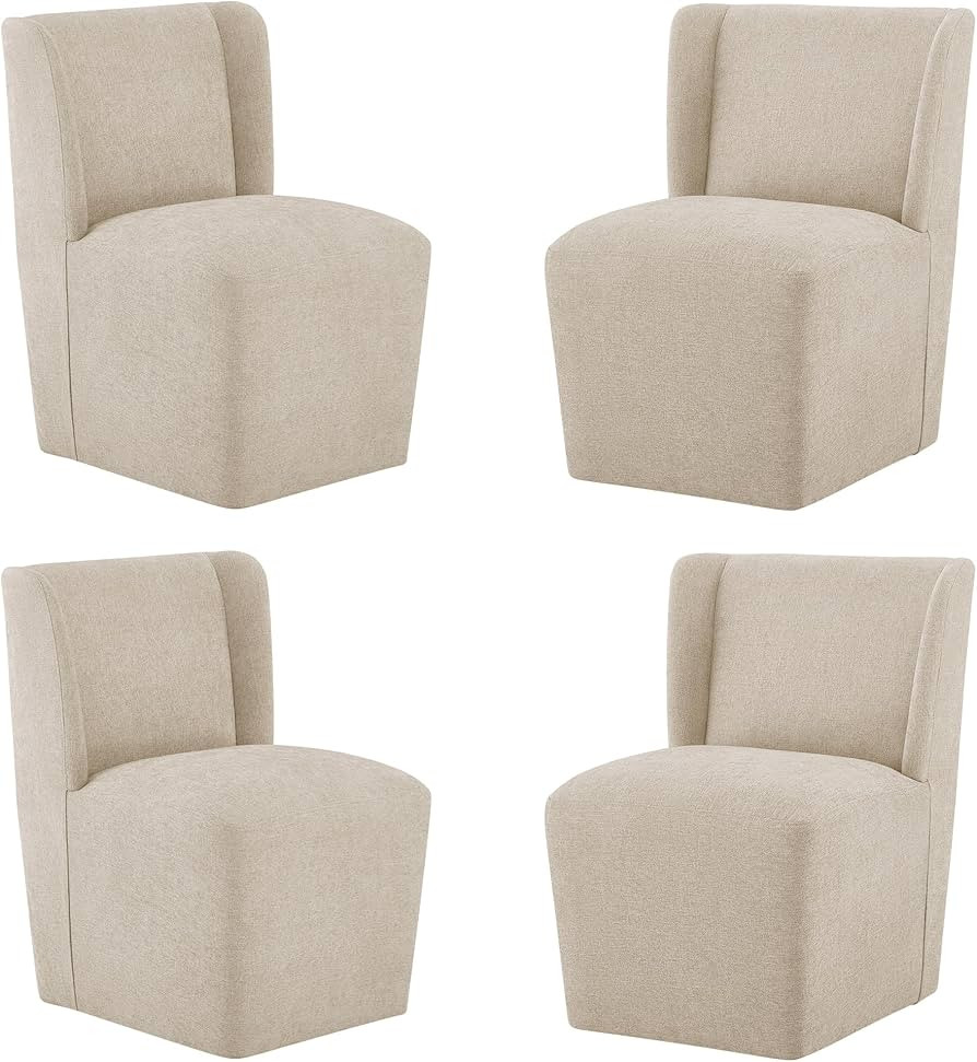 Upholstered Dining Chairs Set of 4 with Casters, Wingback Modern Side Armless Deskchair with Roll... | Amazon (US)
