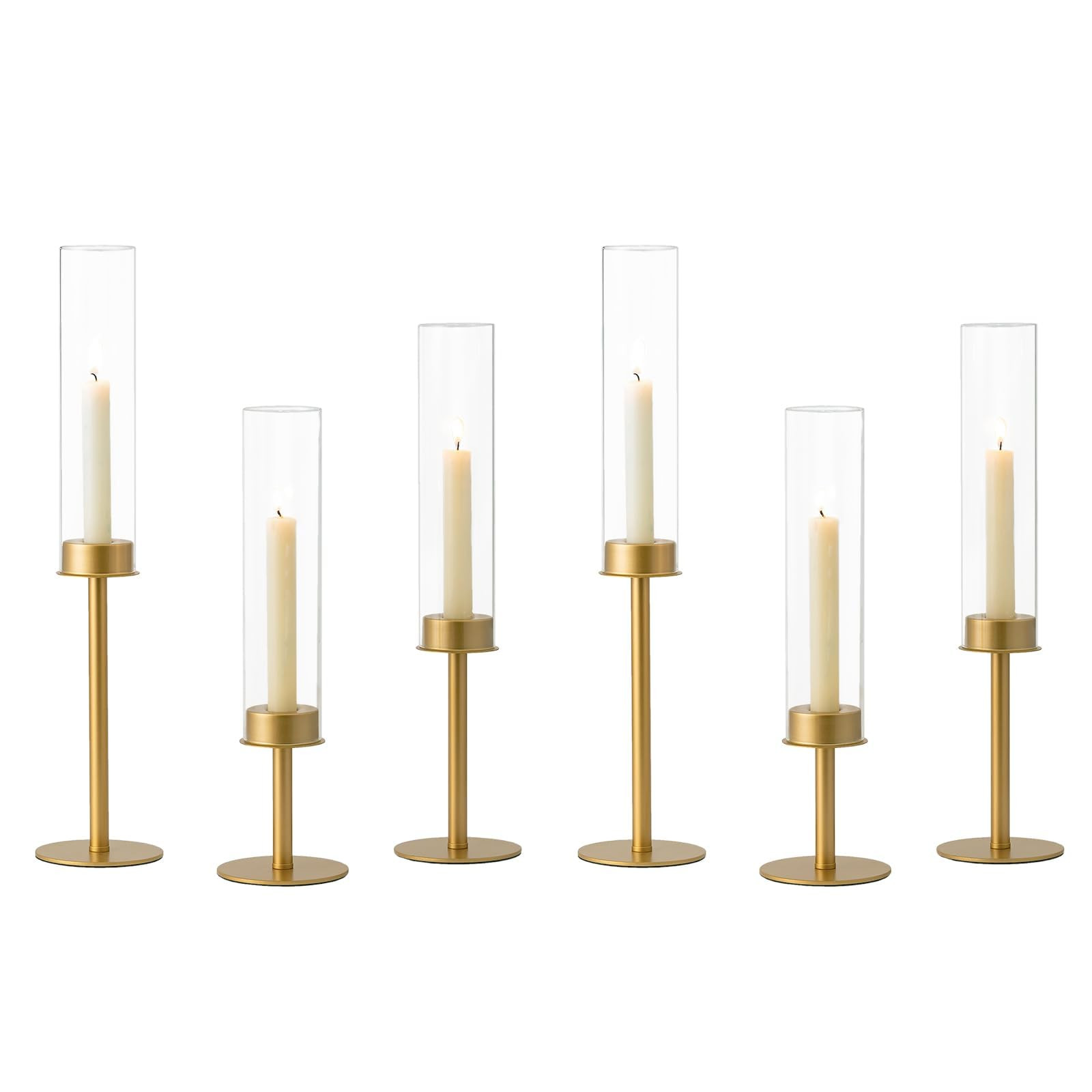 Hewory Gold Candle Holders Hurricane Candlestick Holders, 6Pcs Brass Candle Stick Candle Holder C... | Amazon (US)