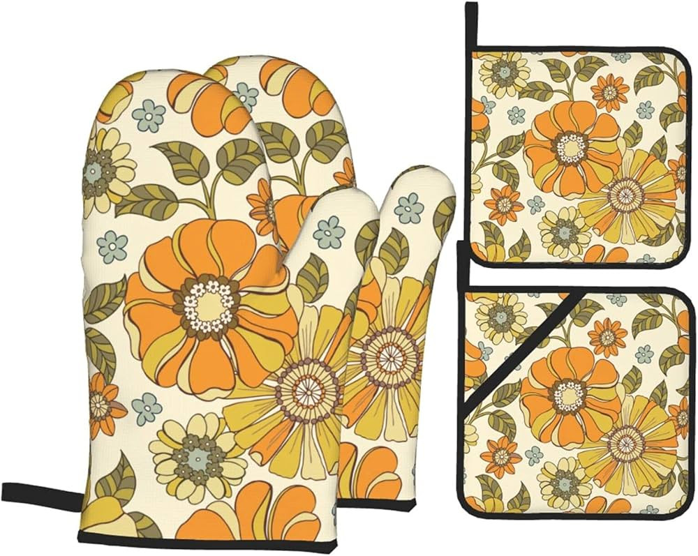 OPZLPO Retro 70s Style Flower 4PCS Oven Mitts and Pot Holders Sets, Kitchen Soft Quilted Cotton L... | Amazon (US)