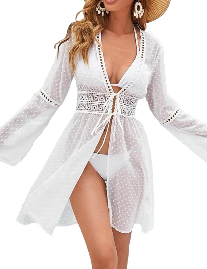 AOLRO Women Cover Ups Swimwear Sexy Swiss Dot Chiffon Swimsuit Coverup Long Bell Sleeve Bikini Be... | Amazon (US)