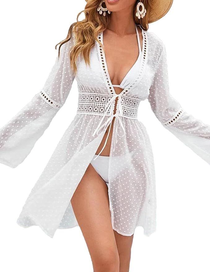 AOLRO Women Cover Ups Swimwear Sexy Swiss Dot Chiffon Swimsuit Coverup Long Bell Sleeve Bikini Be... | Amazon (US)