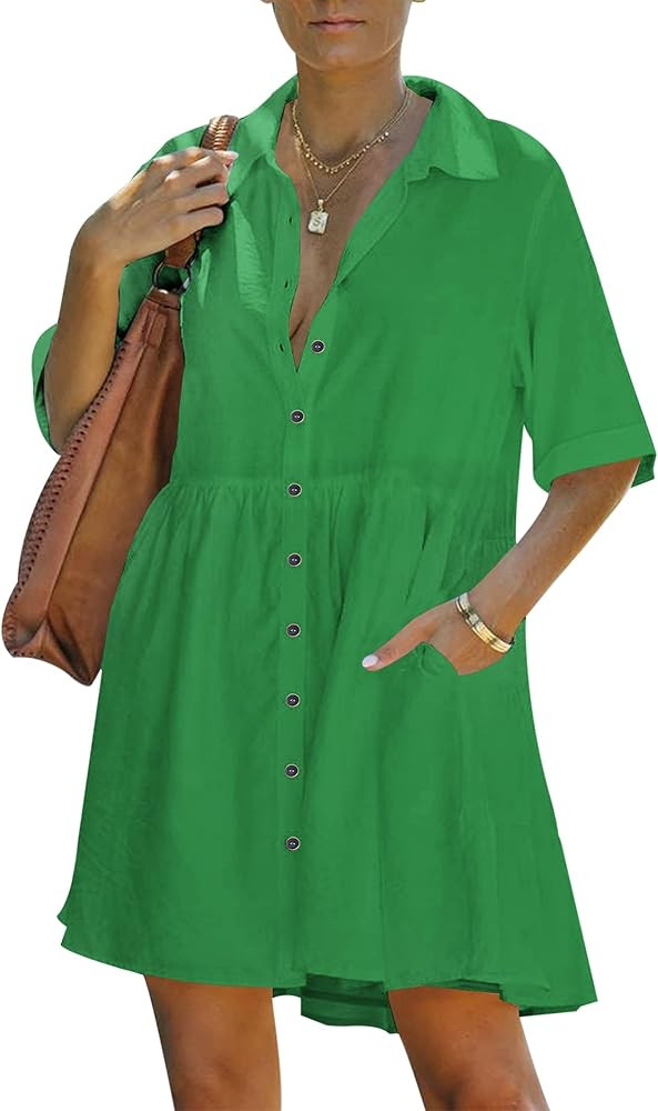 PYGFEMR Women's Short Sleeve Babydoll Dress Button Down Dresses with Pockets | Amazon (US)