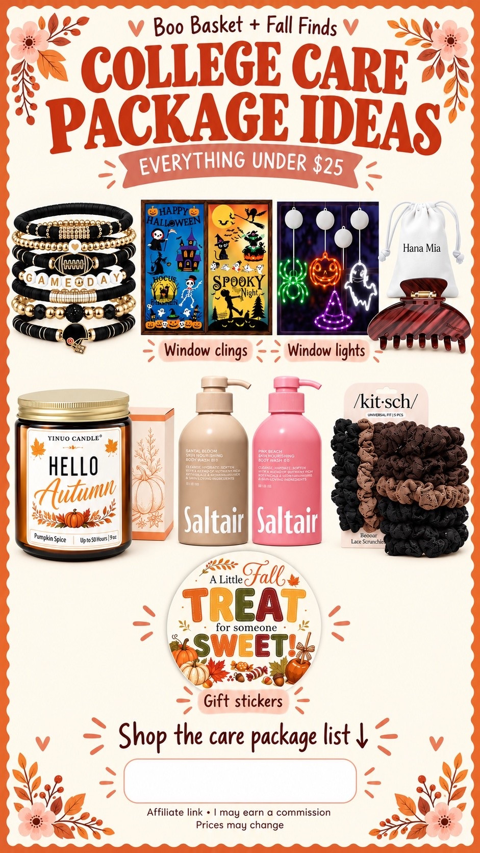 College Care Package 

All of these items  are currently in the Amazon Prime sale! 

Fall gifting + boo basket finds! 🍂👻 Black-and-gold game day bracelets, Halloween window clings and lights, a Hana Mia burgundy claw clip, Kitsch lace scrunchies, Saltair body wash, a pumpkin spice candle, and cute fall gift stickers.

Mix and match for care packages, fall birthdays, and thoughtful little surprises. Check dorm candle rules before gifting.

#BooBasketIdeas #CollegeCarePackage #FallGiftIdeas #GameDayAccessories #HalloweenDecor

boo basket ideas, game day bracelets, black and gold accessories, Halloween window clings, Halloween window lights, burgundy claw clip, lace scrunchies, Saltair body wash, pumpkin spice candle, fall gift stickers