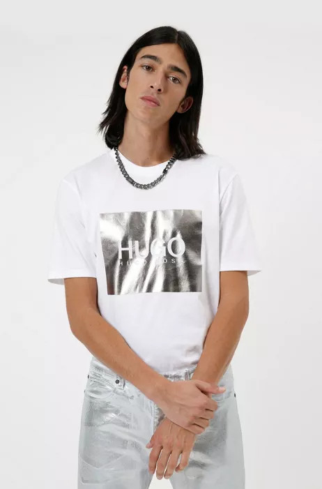 Crew-neck T-shirt in cotton with metallic logo print | Hugo Boss (US)