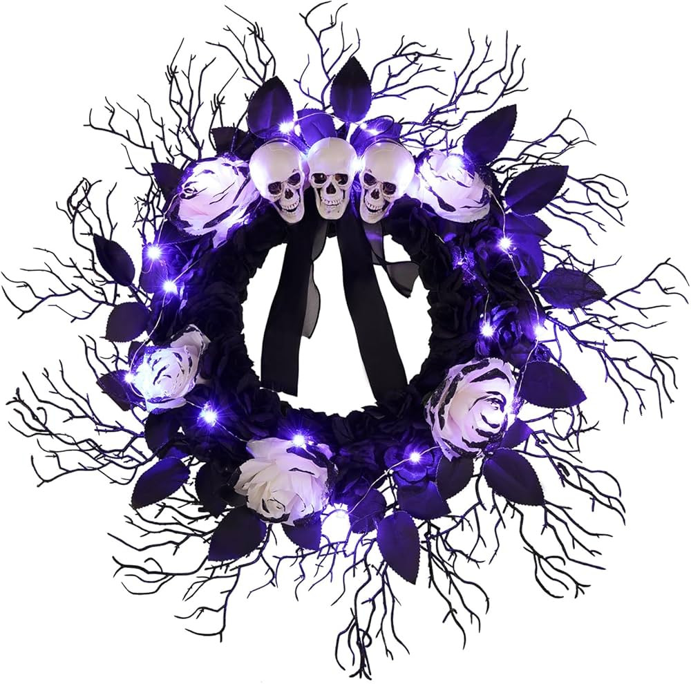 Halloween Wreath - Halloween Wreaths for Front Door - 16 Inch Skull Halloween Wreath with 20 LED ... | Amazon (US)