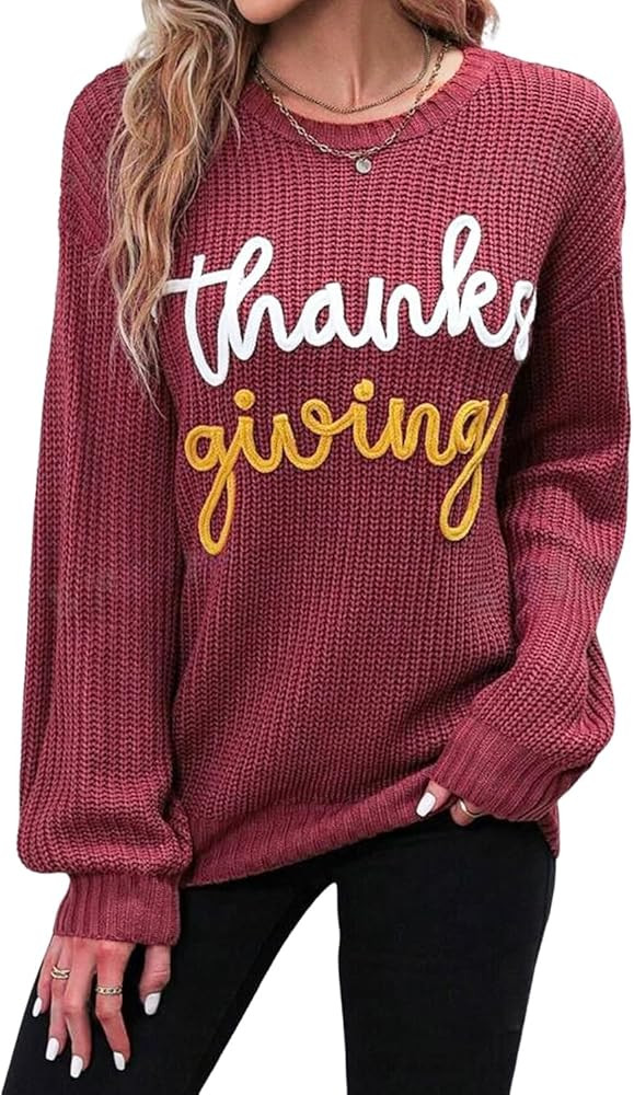 KevaMolly Womens Thanksgiving Day Sweater Thanks Giving Letter Graphic Crew Neck Sweater Casual D... | Amazon (US)