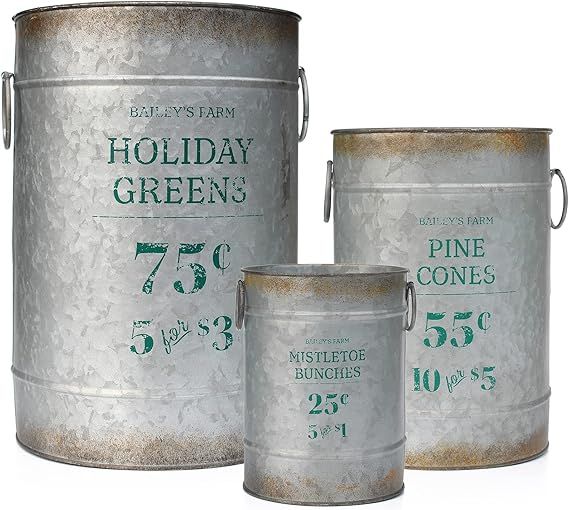 AuldHome Christmas Galvanized Greenery Buckets (Set of 3), Large, Medium, & Small Metal Farmhouse... | Amazon (US)