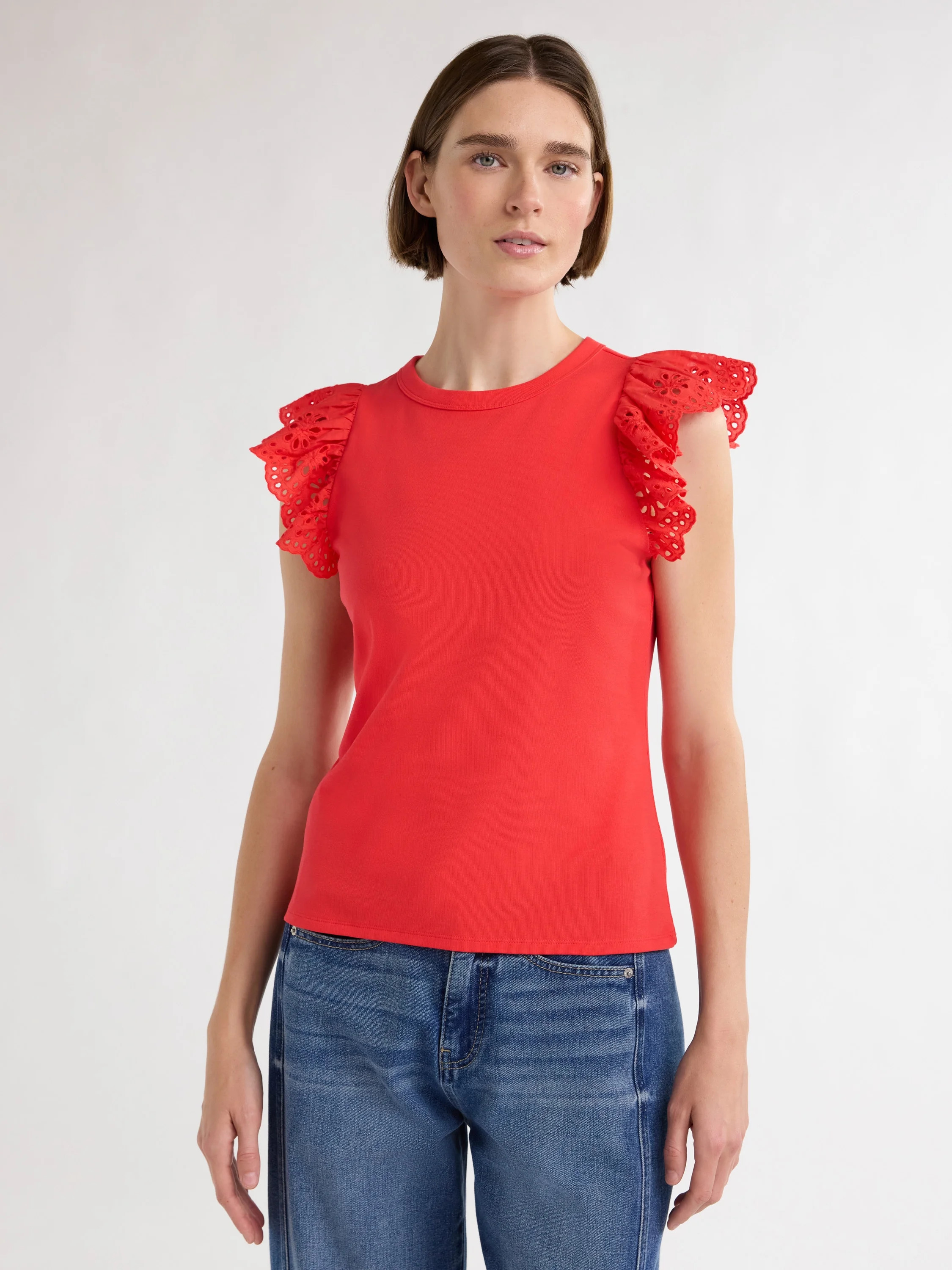 Free Assembly Women's and Women's Plus Eyelet Flutter Sleeve Tee, Sizes XS-4X | Walmart (US)