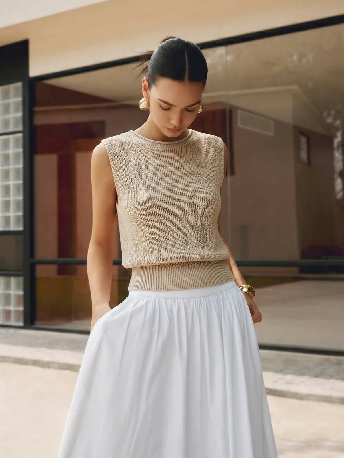 Bloused Waist Sleeveless Knit Top | Commense