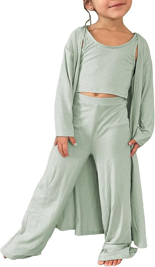 Fessceruna Girls 3 Piece Sweatsuit Outfit Kids Cute Crop Vest Top & High Waist Pants & Cardigan K... | Amazon (US)