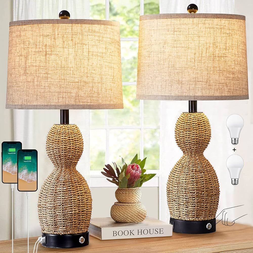 Touch Control Rattan Table Lamps for Bedroom Set of 2,3 Way Dimmable Farmhouse Nightstand Lamps w... | Amazon (US)
