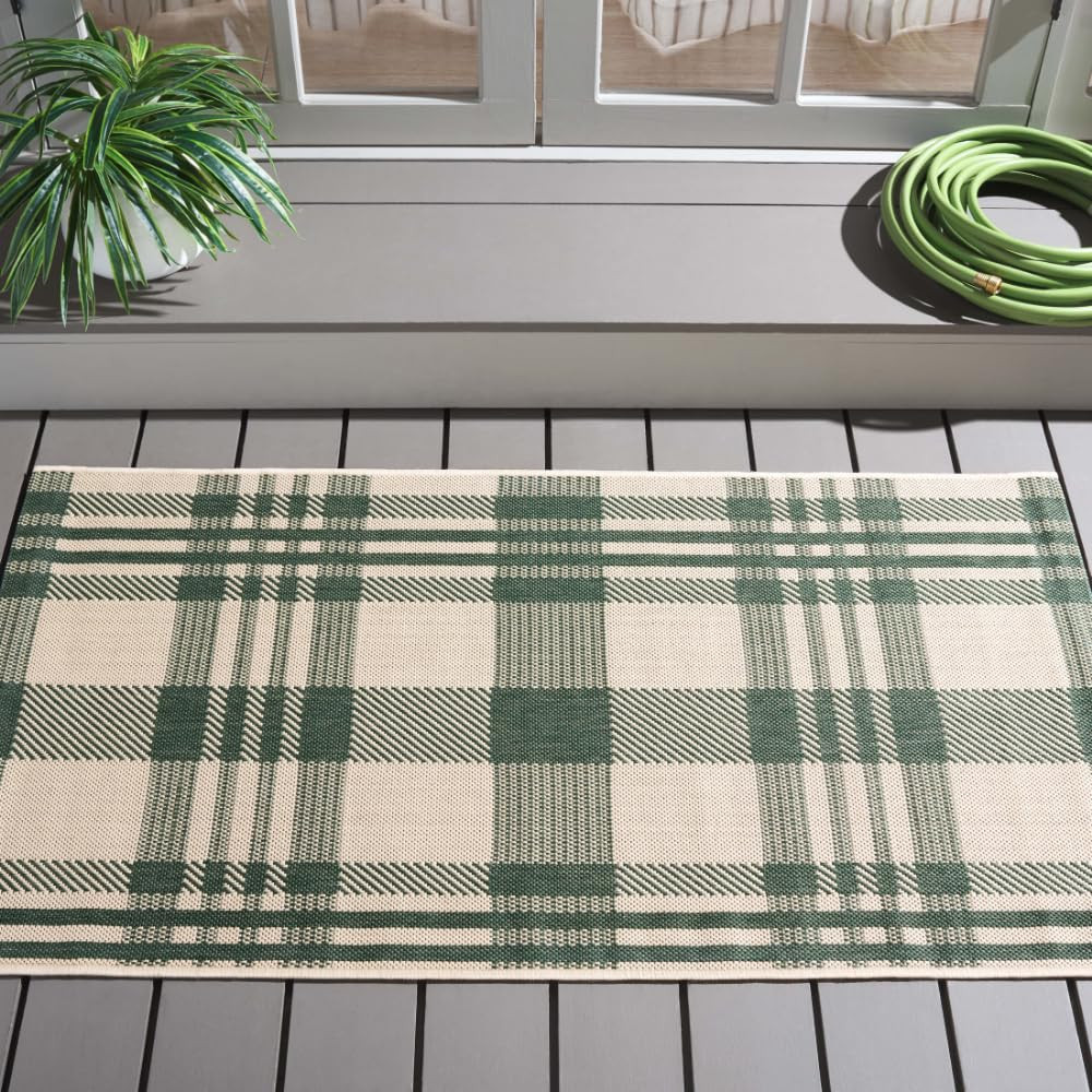 SAFAVIEH Washable Rug Outdoor Courtyard Collection - 2'7" x 5', Green & Beige, Plaid Pattern, Non... | Amazon (US)