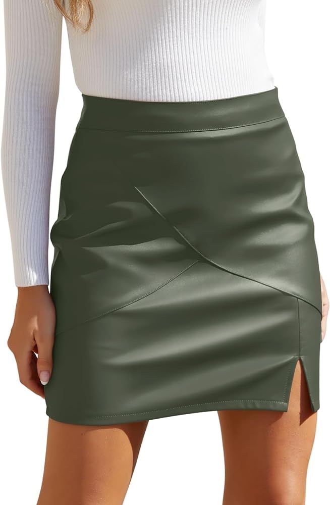 We1Fit Womens Fuax Leather Skirt High Waisted Bodycon Pencil Mini Skirts with Shorts | Amazon (US)